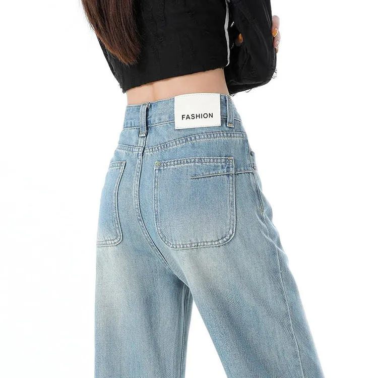 复古经典百搭直筒牛仔裤女2025秋高腰显瘦欧若风口袋设计感拖地裤