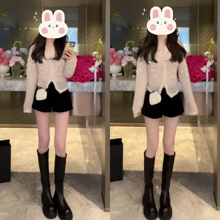 马海毛法式温柔手工订珠刺绣开衫上衣+显瘦灯芯绒短裤BB50271