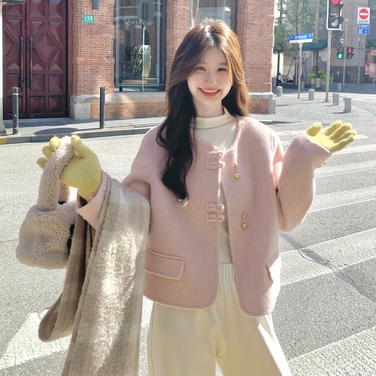 新中式双面羊绒短款大衣女2025秋冬新款圆领小个子毛呢高级感外套