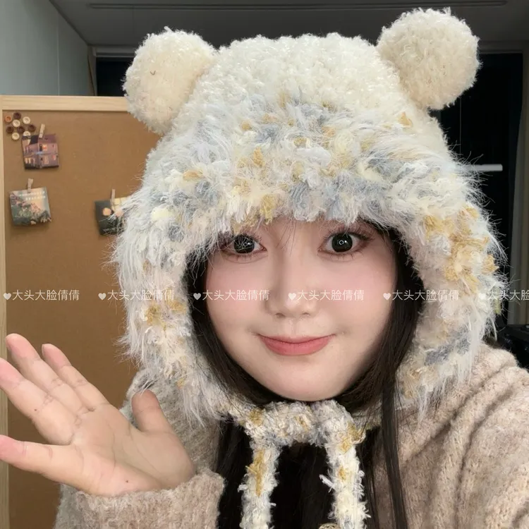 可爱小熊帽子加绒加厚大头围秋冬新款显脸小护耳保暖帽子女