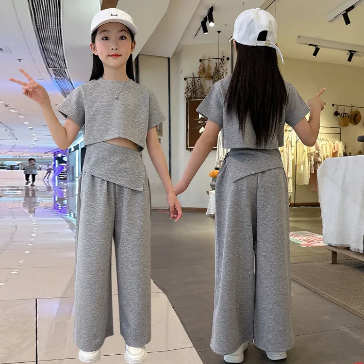 女童韩系炸街夏季套装休闲运动服设计感高腰阔腿裤两件套