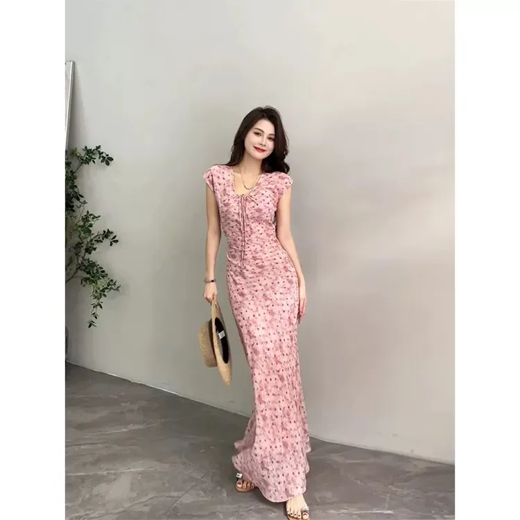 夏季法式浪漫感温柔短袖镂空领连衣群修身时尚裙子DT1337