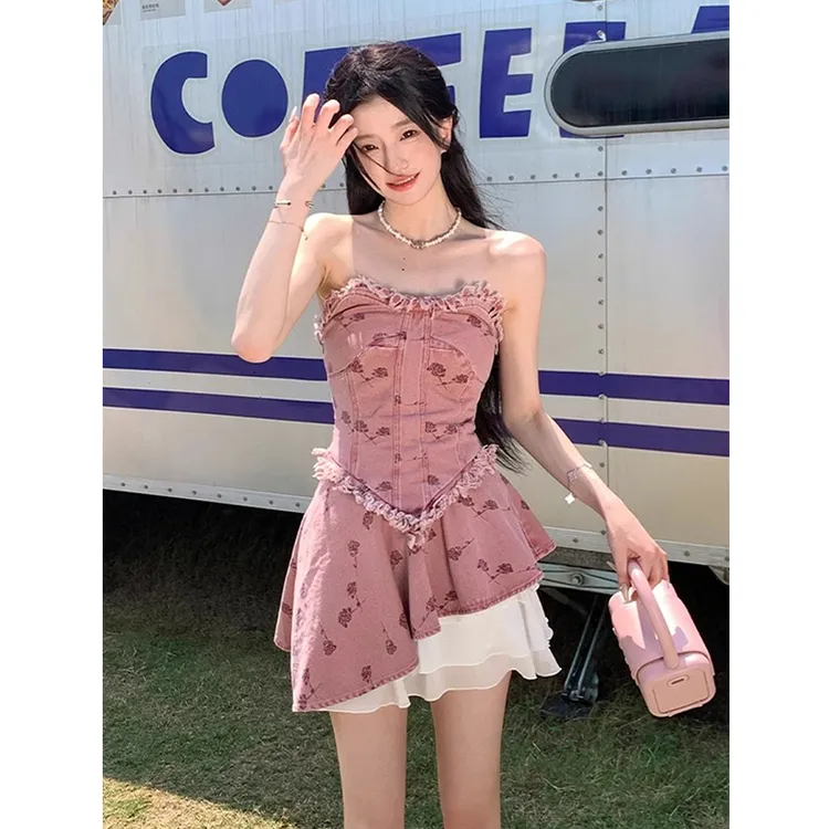 热辣复古抹胸牛仔上衣短裙辣妹时尚两件套装女牛仔衣纱裙夏季新款