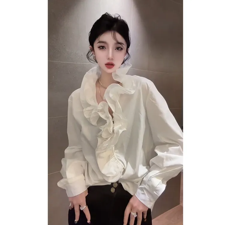 气质欧货2025秋季新款千金风荷叶边木耳领长袖法式衬衫洋气小众潮