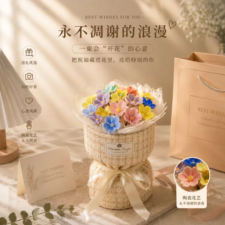 情人节礼物手工景德镇陶瓷包装花束生日礼物永生花花束送妈妈闺蜜