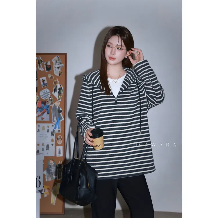 大婉酱微胖定制【氧气方程式】条纹连帽卫衣宽松慵懒套头上衣1071D 