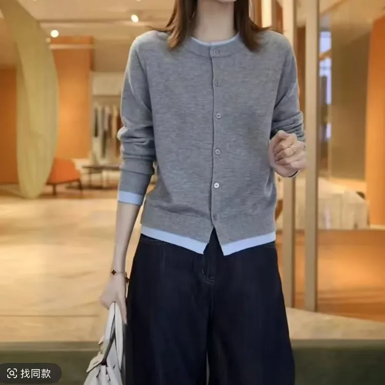 假两件拼色针织衫开衫外套洋气2025春季新款圆领上衣外搭长袖春秋