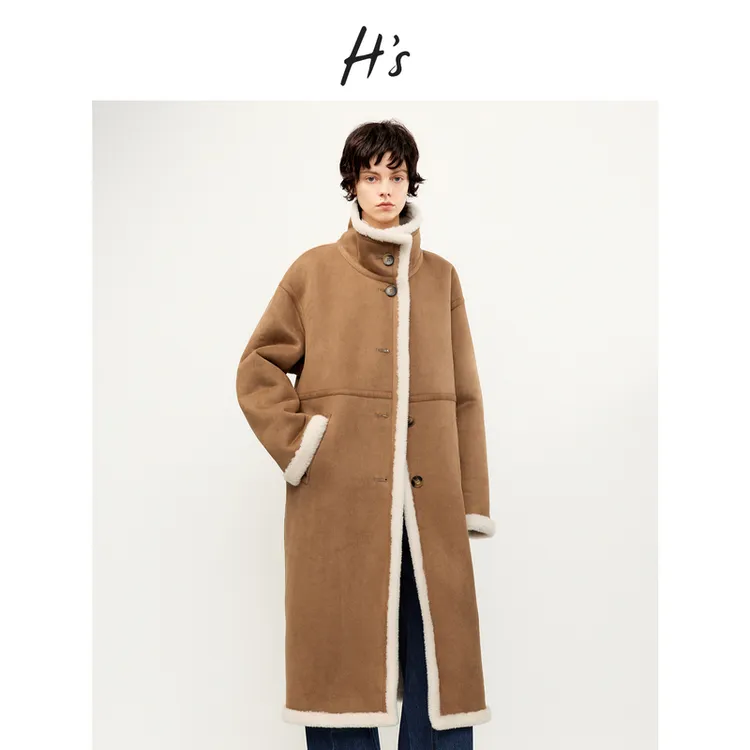 【进口澳毛】H'S拼接长款毛外套女25冬新款高级设计感直筒大衣