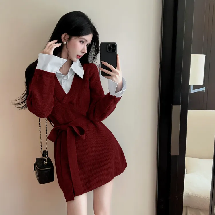 法式撞色假两件针织衬衫领拼接裙子收腰气质宽松显瘦连衣裙秋冬季