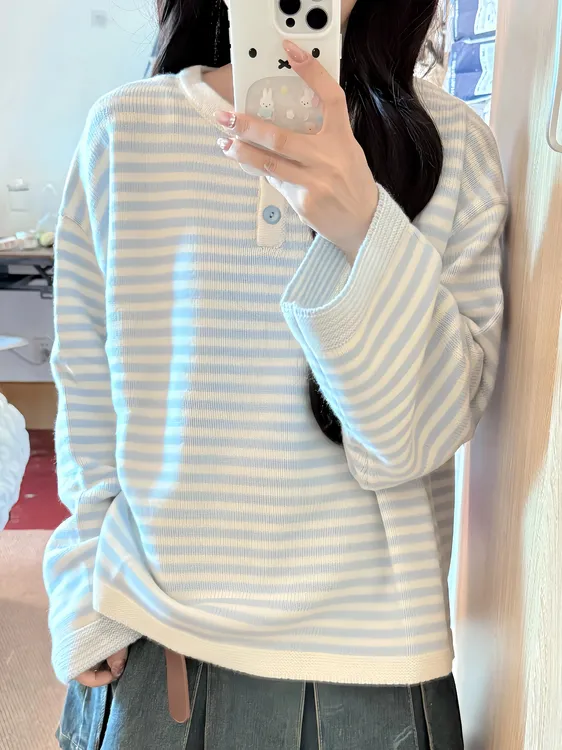 韩系甜美风女针织条纹毛衣宽松秋冬毛针织衫新款百搭长袖套头上衣