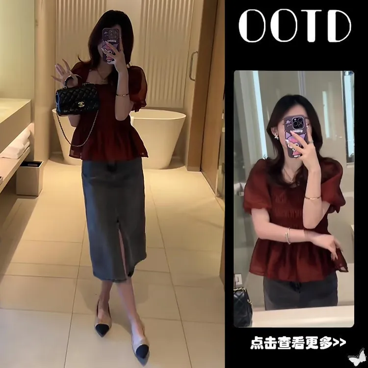 【现货】超火夏季穿搭一整套2025泡泡袖衬衫开叉牛仔半身裙两件套