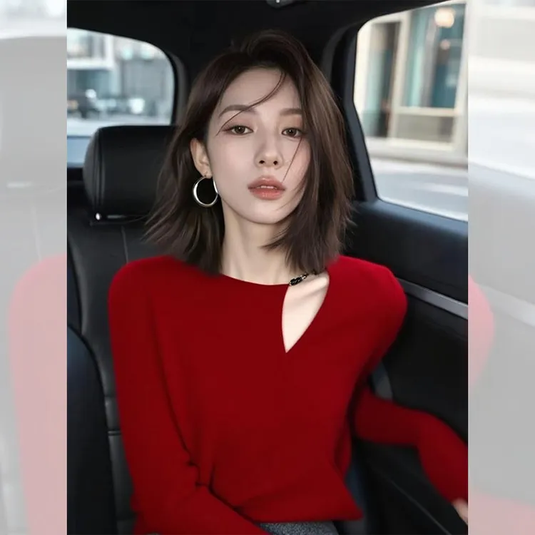 独特漂亮镂空小衫设计小众红色针织衫内搭打底洋气高贵上衣女秋冬