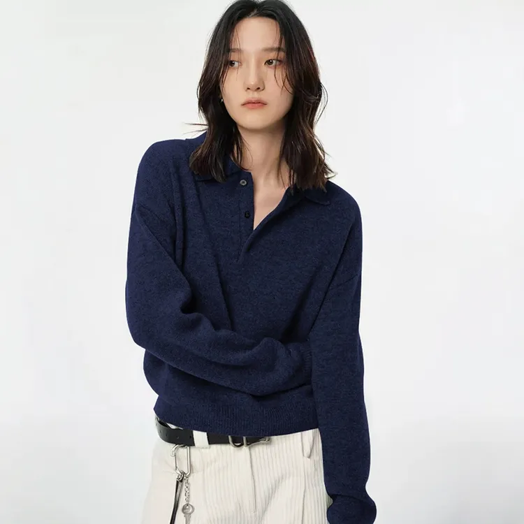 藏青色Polo领长袖针织衫女春秋款宽松慵懒套头毛衣气质打底衫上衣