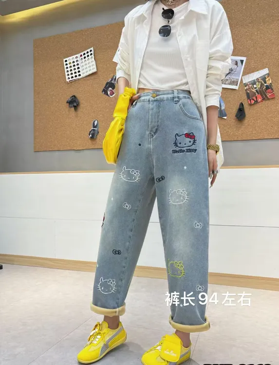 凤儿家-99169卡通小猫印图加绒牛仔老爹裤