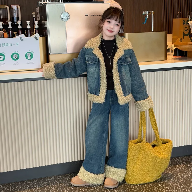 女童牛仔套装秋冬款2025新款中大儿童时髦加绒加厚女孩夹棉两件套