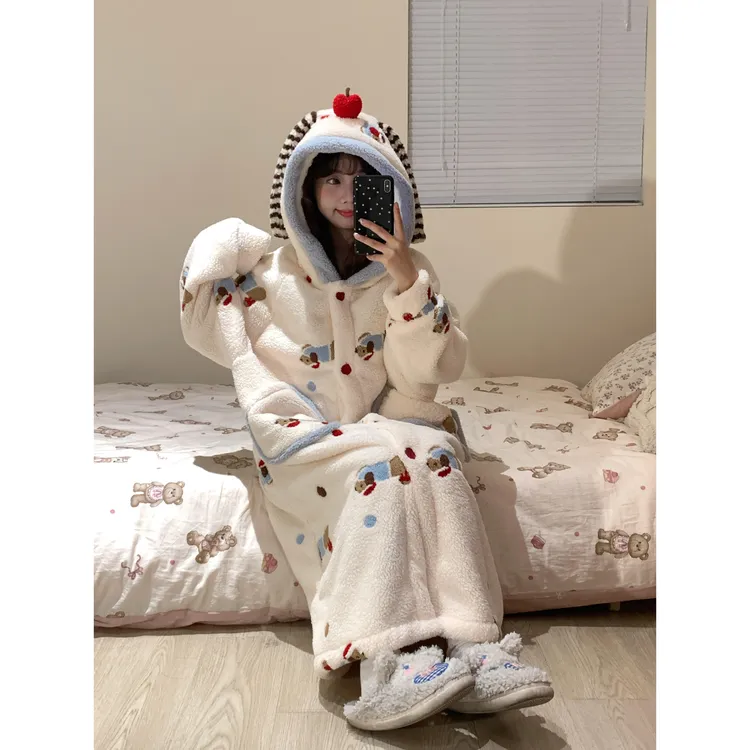 韩版可爱卡通腊肠狗连帽睡衣女2025秋冬季加绒加厚家居服睡袍睡裙