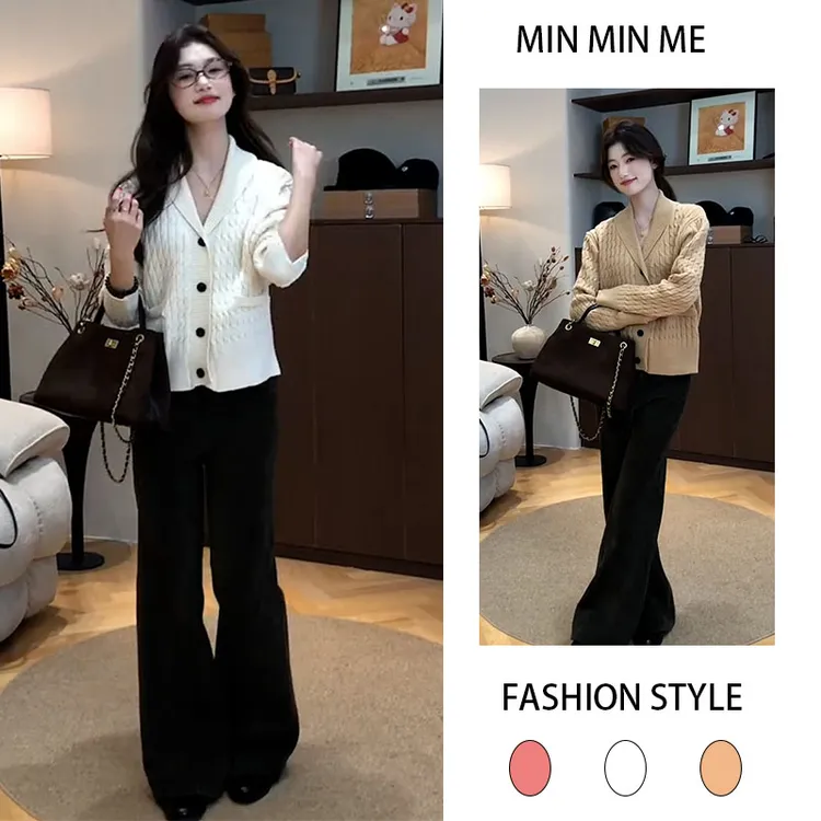 设计感时尚气质百搭针织单排扣翻领针织开衫女搭休闲阔腿裤两件套