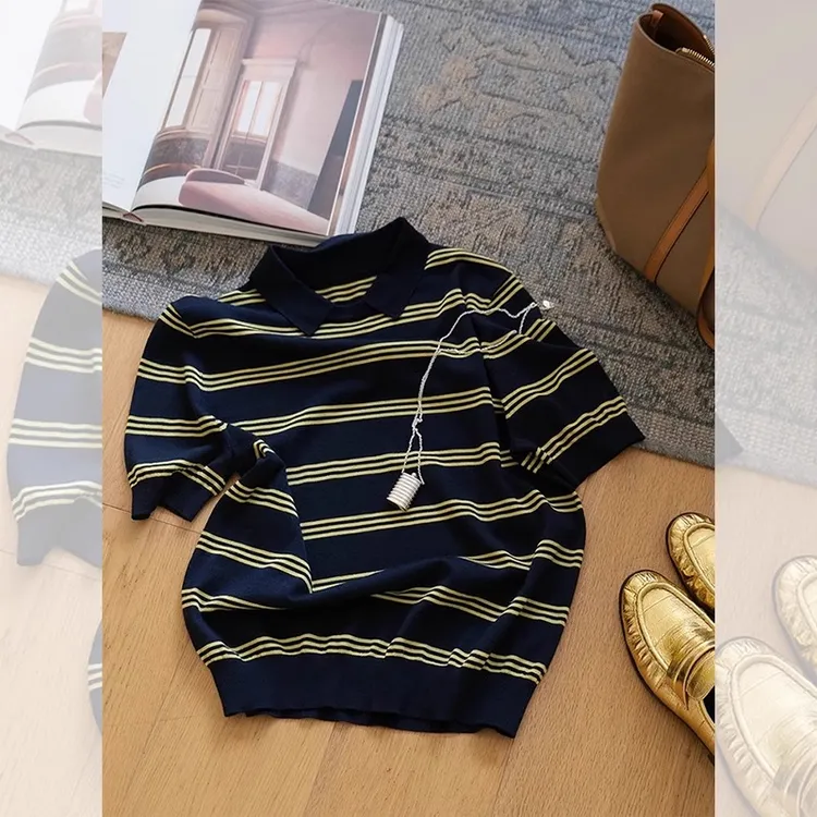 美式复古撞色条纹POLO衫短款正肩上衣女夏季独特别致翻领短袖t恤