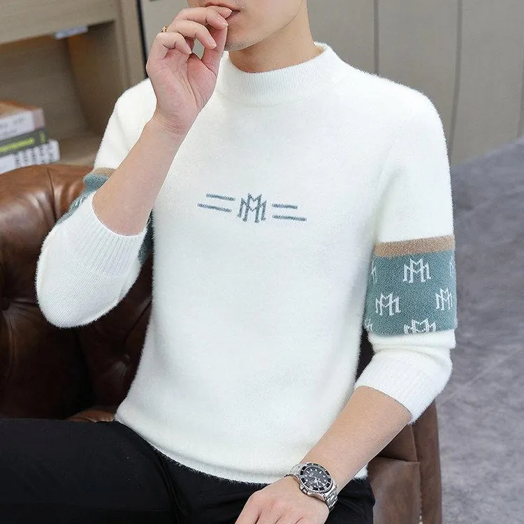 半高领水貂绒毛衣男冬季加厚款修身中领提花软糯针织衫抗起球