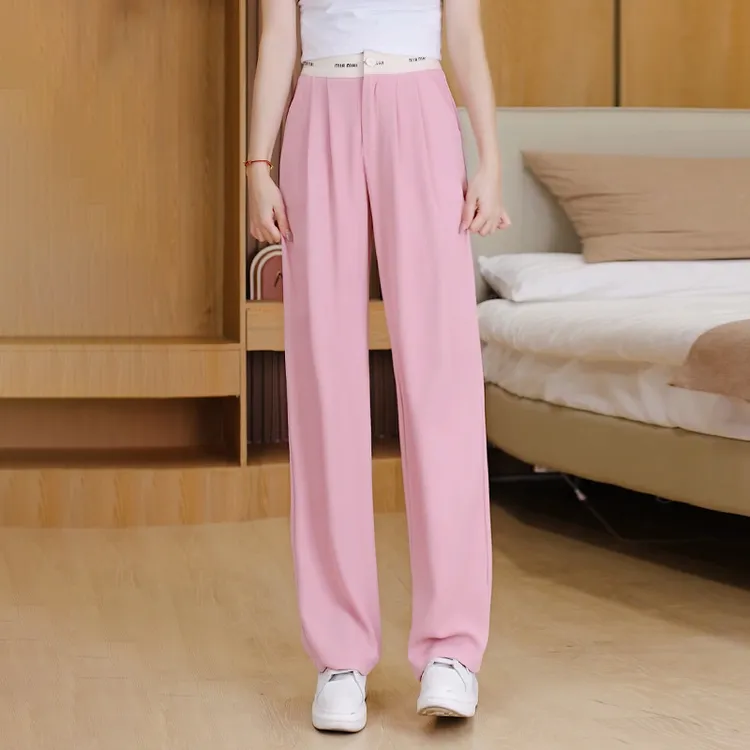 冰丝阔腿裤女士夏季薄款2025新款松紧高腰显瘦休闲垂感窄版直筒裤