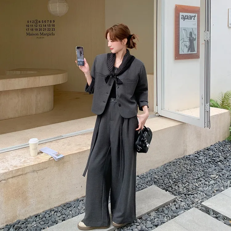 韩系松弛感毛呢西装阔腿裤2025秋冬新款小众简约通勤风高级感套装