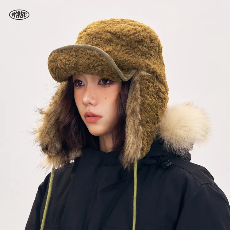 新款加厚毛绒护耳雷锋帽子女秋冬保暖防风户外滑雪大头围飞行员帽