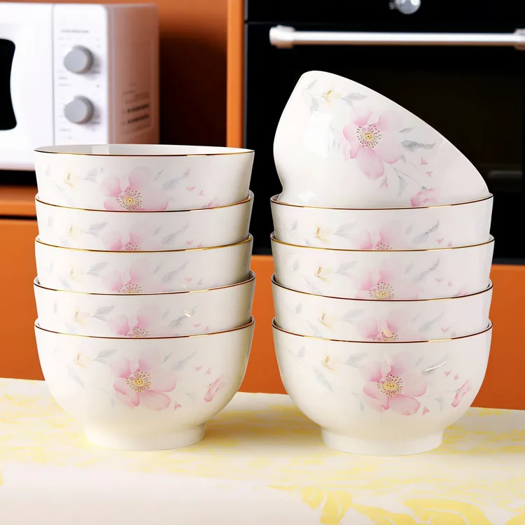 【金线樱花】4.5英寸米饭碗10个装陶瓷中式家用乔迁餐具小汤碗粥碗