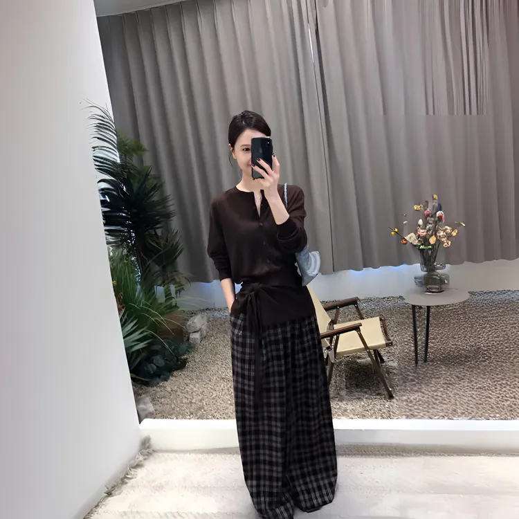 2025秋季新款单排扣修身上衣搭格子阔腿裤日常休闲裤显瘦简约