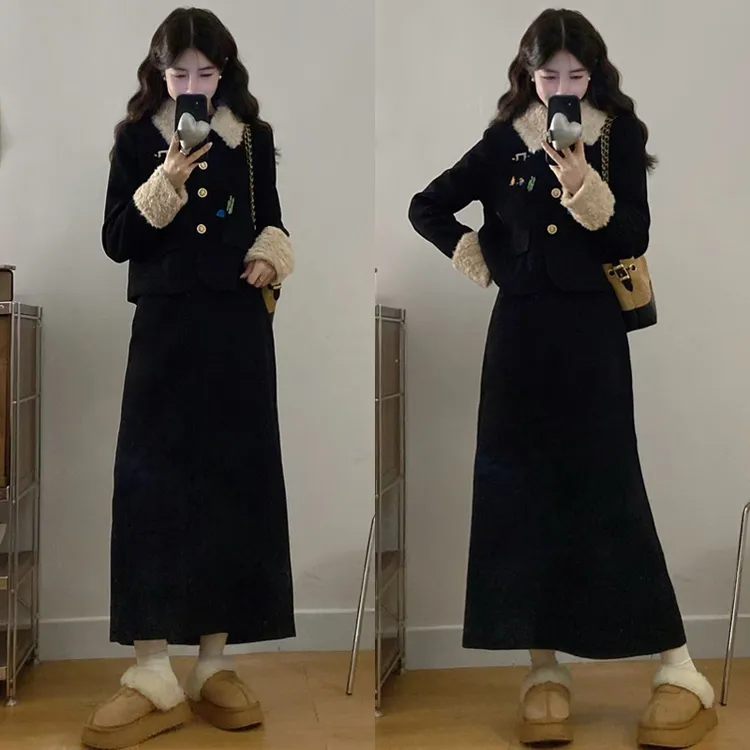 大码女装胖mm秋冬时尚撞色刺绣显瘦高级感外套加半身裙两件套装女