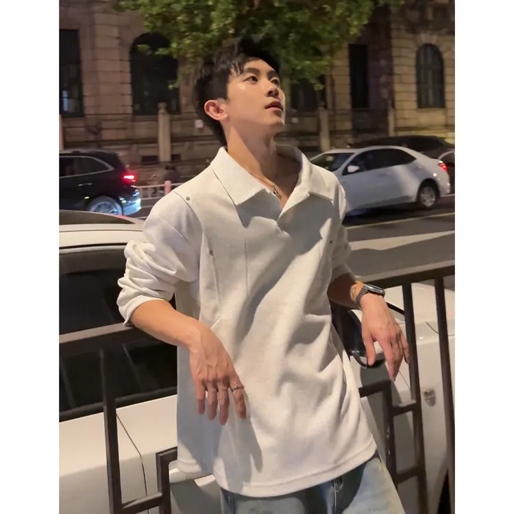 深灰色美式拼接长袖polo衫翻领卫衣男秋季廓形正肩t恤内搭打底衫
