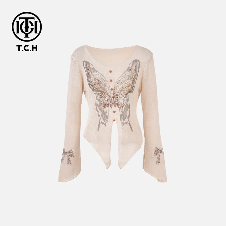 TCH烫钻潮牌蝴蝶结修身百搭毛优雅针织开衫女T75A09E5058轻奢tch