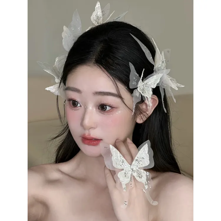 T7151韩式白色蕾丝网纱蝴蝶新娘头饰超仙灵动婚纱礼服写真发饰
