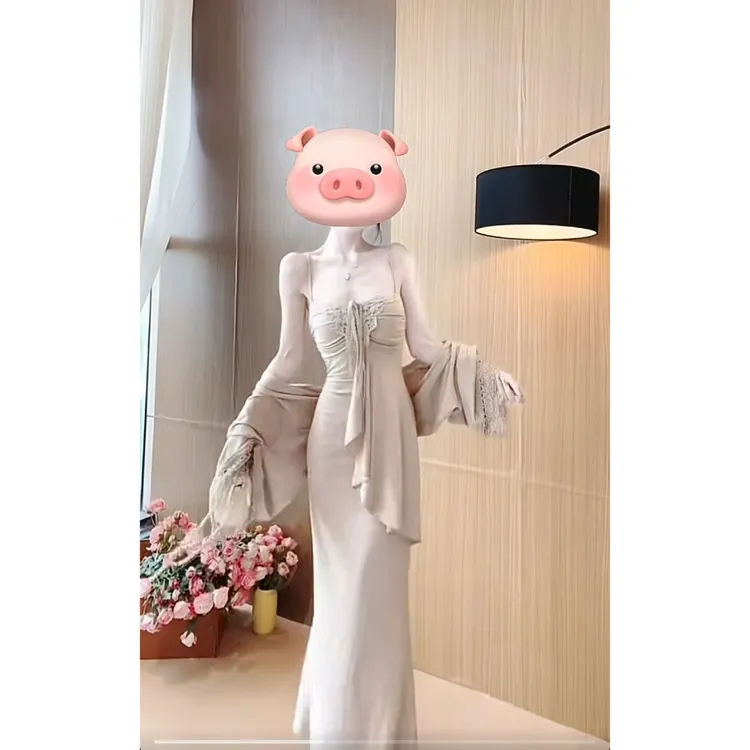春日美纪~蕾丝吊带气质连衣裙高腰长裙百搭披肩（有胸垫）