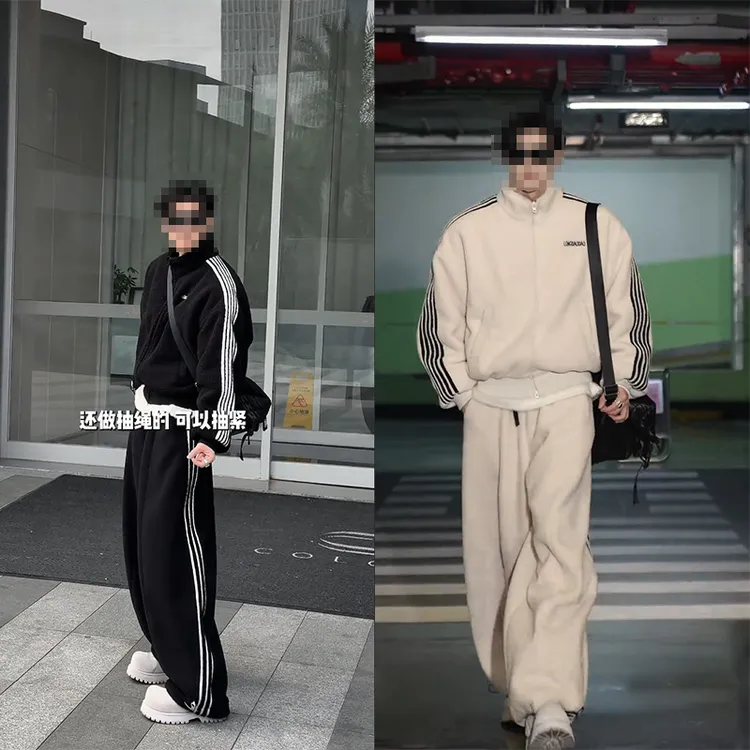 时尚潮流冬季新品美式复古运动条纹加绒百搭外套宽松长裤套装