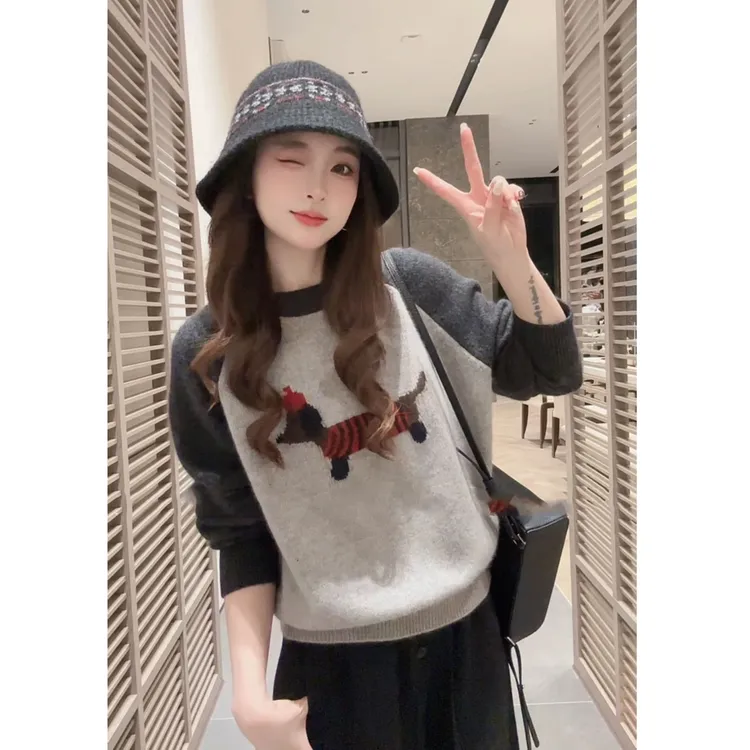 小狗提花撞色插肩袖针织衫女2025新款秋季毛衣慵懒高级感时尚上衣