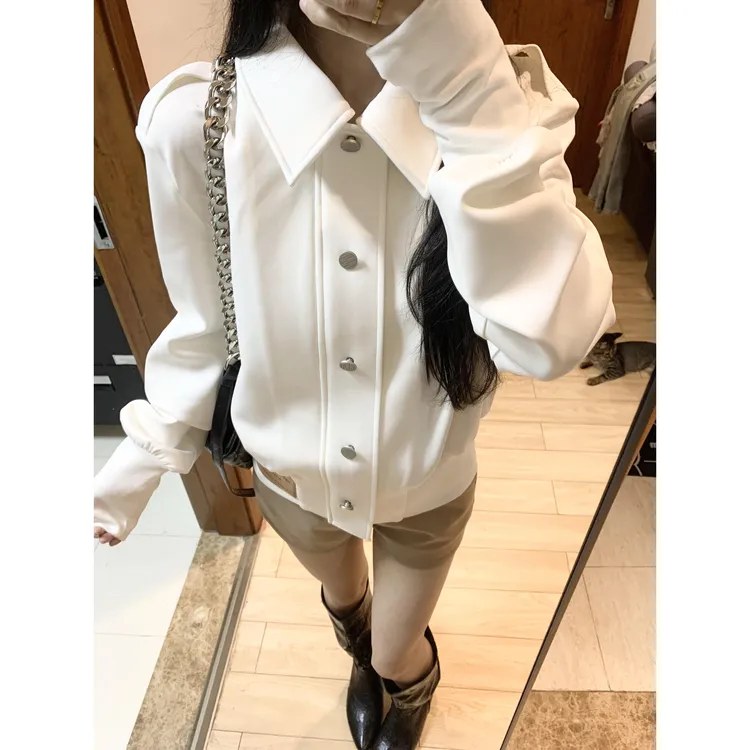 美式复古白色立领收腰短款外套女秋季设计感修身显瘦机车夹克上衣