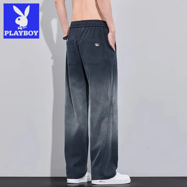 花花公子天丝渐变休闲裤男士潮牌冰丝夏季薄款透气宽松直筒阔腿裤