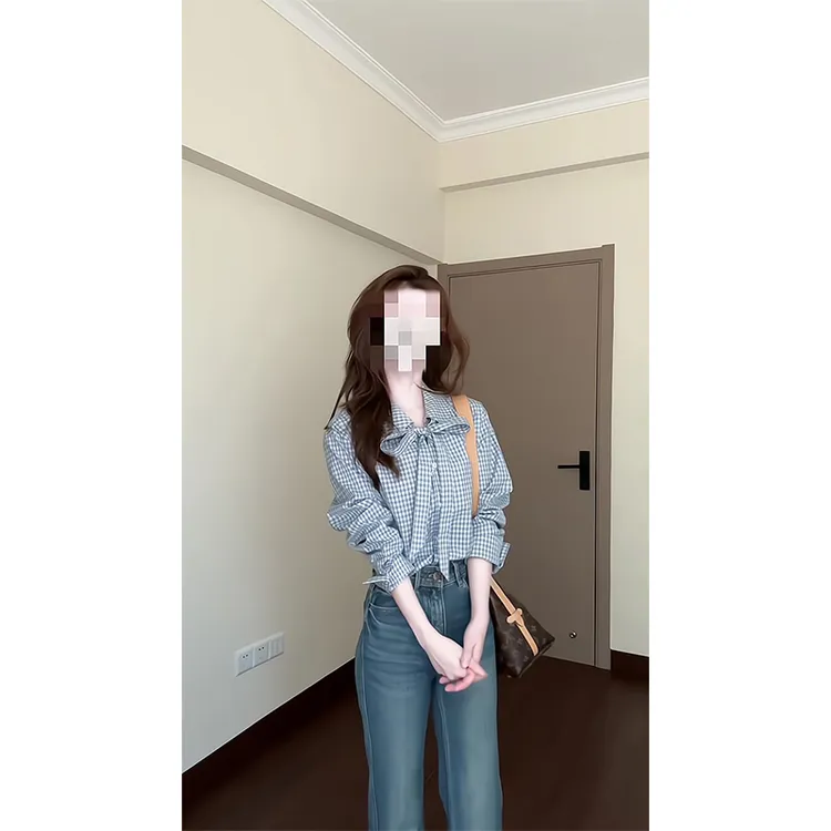 韩系复古甜辣风纯欲风格纹系带衬衫女秋季新款修身显瘦牛仔微喇裤