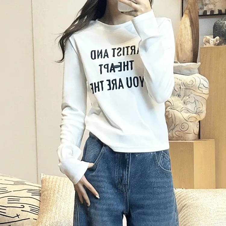 修身百搭打底上衣秋季新款胖MM大码女装韩系简约字母印花长袖T恤