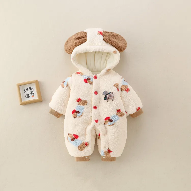 BBQ婴幼儿可爱冬季小狗连体衣新款连帽哈衣爬服保暖