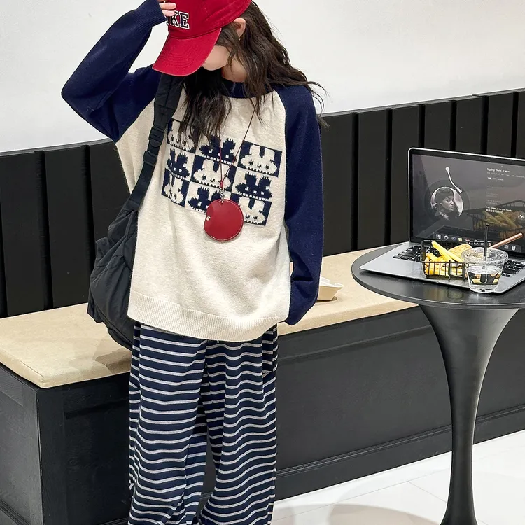 女童秋装套装2025新款韩版中大童撞色插肩袖毛衣条纹休闲裤套装