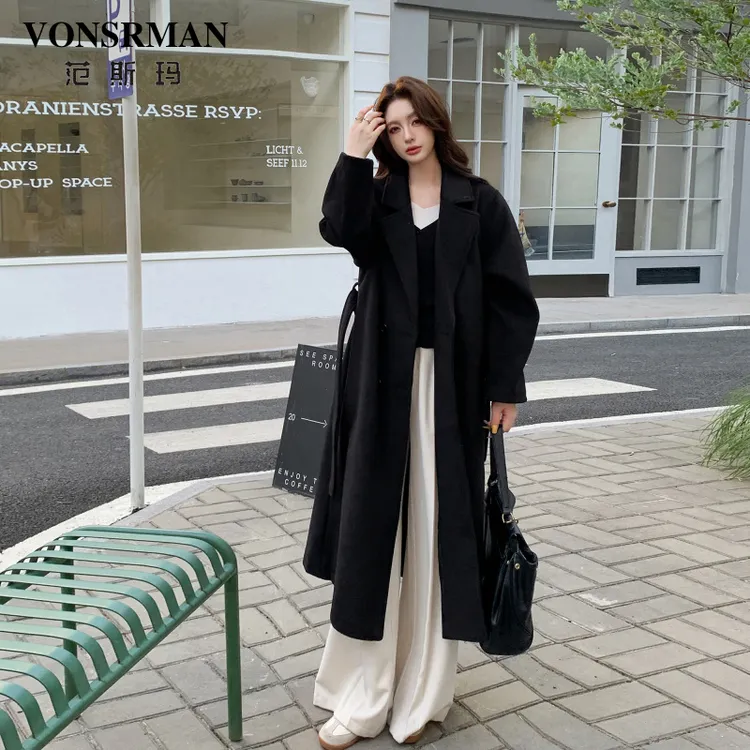 黑色毛呢大衣女2025秋冬新款时尚赫本风系带加厚气质宽松百搭外套