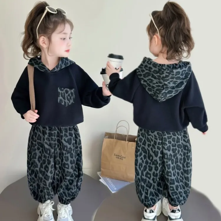 【潮酷童装】女童洋气套装2025秋装新款韩版豹纹连帽休闲卫衣卫裤