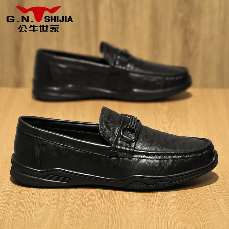 公牛世家秋季新款英伦透气一脚蹬乐福鞋春季商务软底全牛皮豆豆鞋