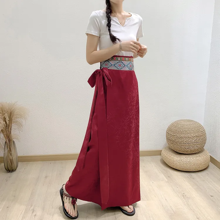 藏族民族风一片式系带锅庄舞半身裹裙西藏旅游穿搭拍照长裙子女夏