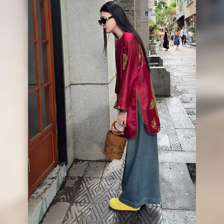 早秋新中式国风复古红色印花上衣女年轻款改良唐装高级感气质小衫