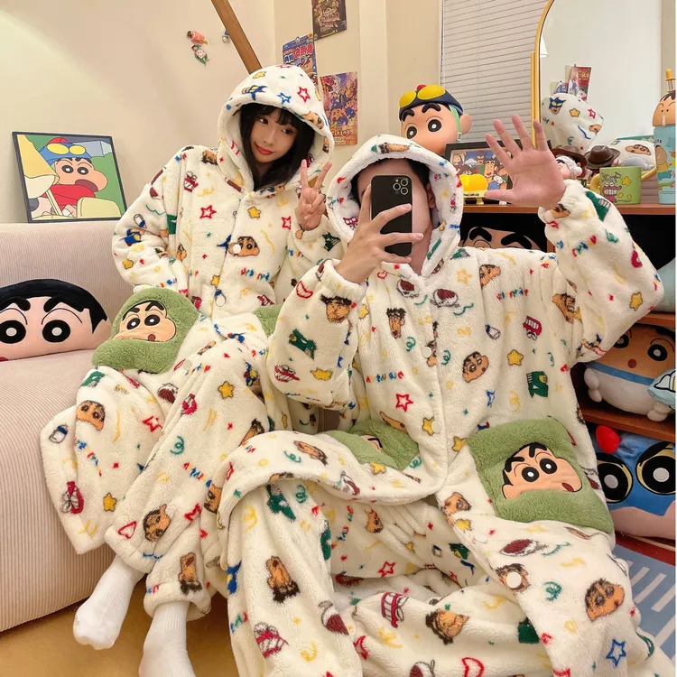 奥美诗嘉蜡笔小新联名情侣睡袍女连帽秋冬2025新款保暖加绒套装男
