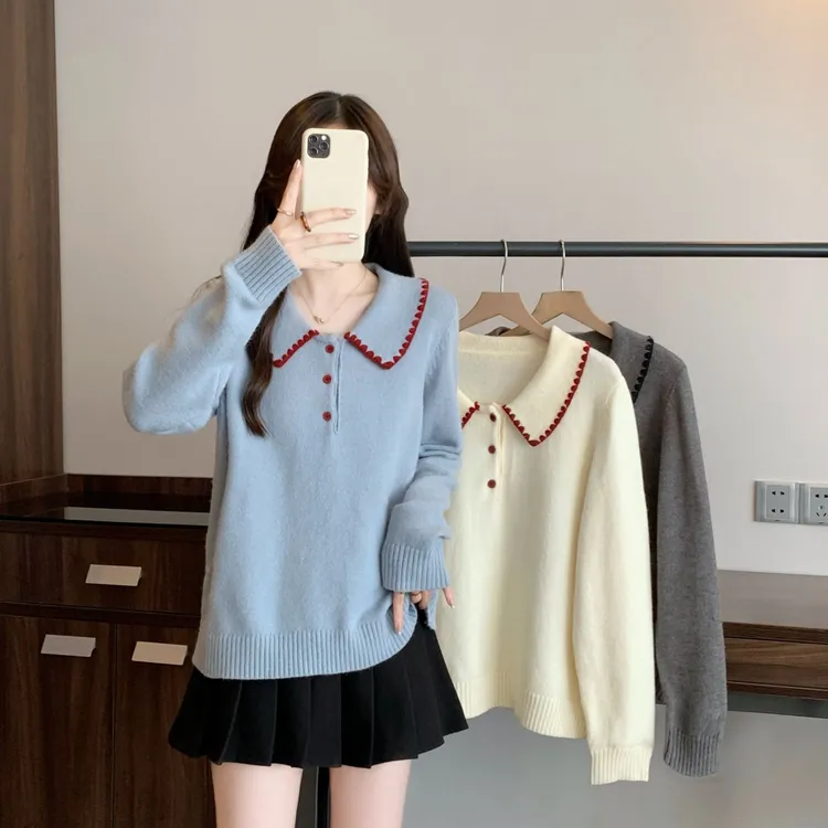 韩系甜美撞色翻领毛针织衫女设计感显瘦毛衣百搭2025秋冬胖mm大码