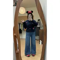 【燃燃定制】150小个子樱桃烫钻刺绣微喇裤女高腰显瘦牛仔裤-8935