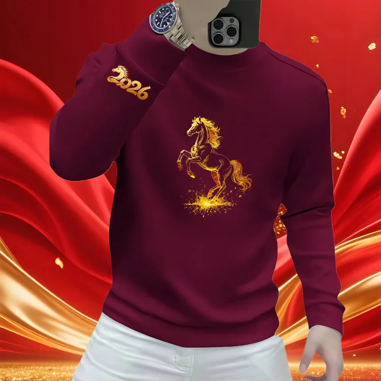 马年红色圆领修身卫衣男女款2026款本命年上衣服秋冬加绒宽松外套